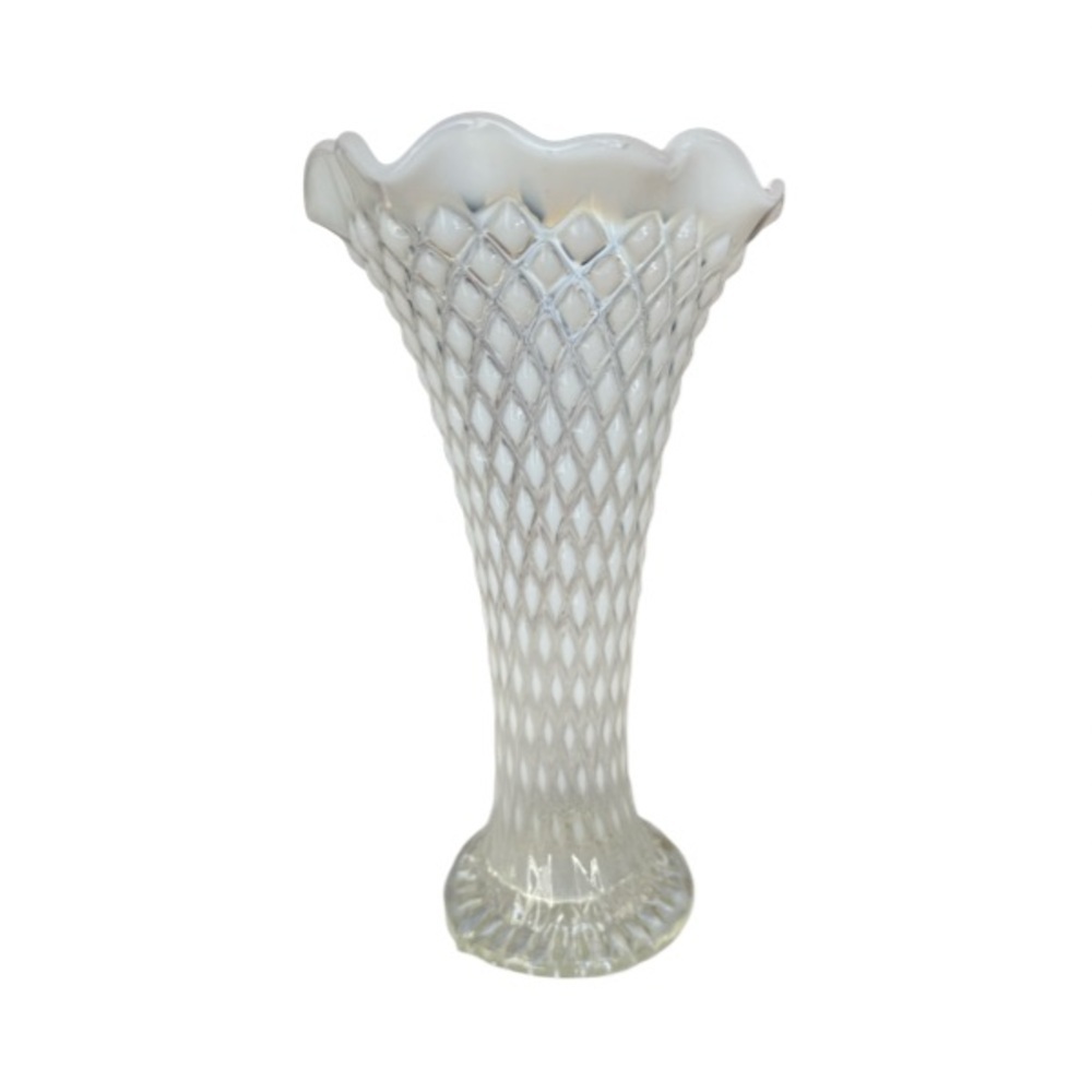 Northwood Glass Diamond Point EAPG Swung Ruffled Vase, Opalescent White ca. 1900